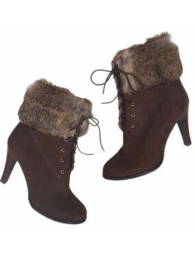 Emanuelle Vee Fur Boots Cuff Ankle Lace up Heeled Suede Boots